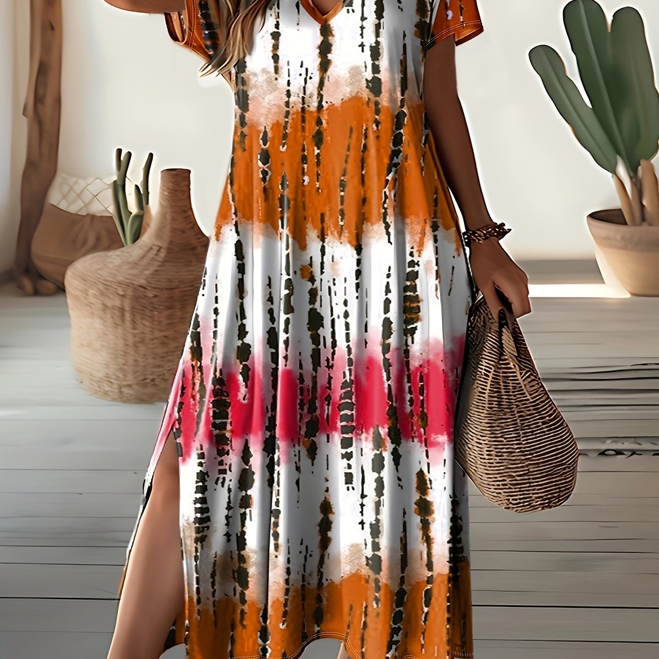 Plus Size Tie Dye Split Dress with Short Sleeves, V Neck, Perfect for Spring & Summer, Women's Fashion