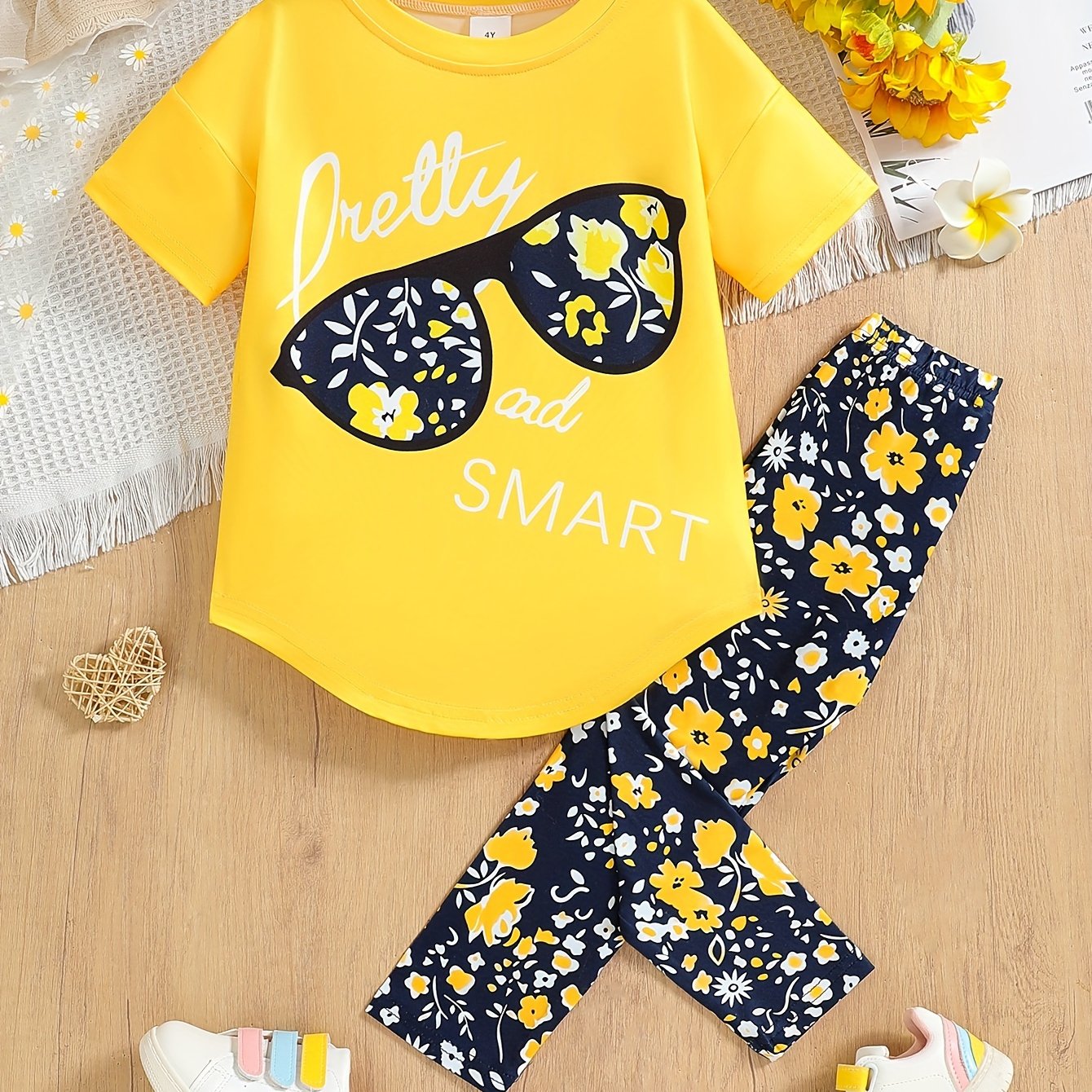 Girls party T-shirt tops with floral print drop shoulder short sleeve loose fit cropped jegging pants set for outdoor