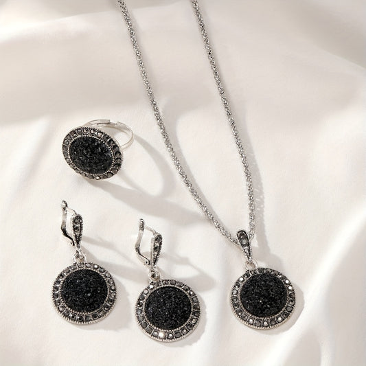 Vintage black crystal jewelry set in boho-chic style for women's parties and casual wear.