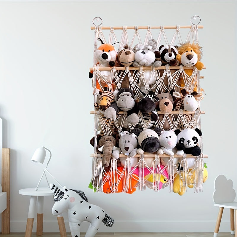 Bohemian Chic Plush Toy Storage Rack with Handwoven Baskets - Ideal for Bedroom, Daycare, Crafts, Bathroom Organization, and Gift Storage.