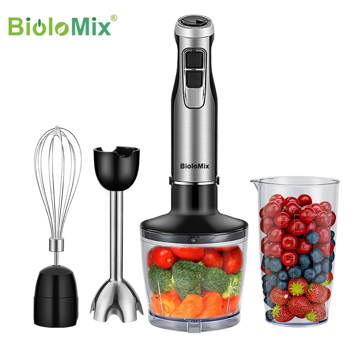 BioloMix 4-in-1 1200W Hand Stick Blender Mixer with Chopper and Smoothie Cup, Stainless Steel Ice Blades, European Standard Plug, 16000 RPM, No Battery Needed.