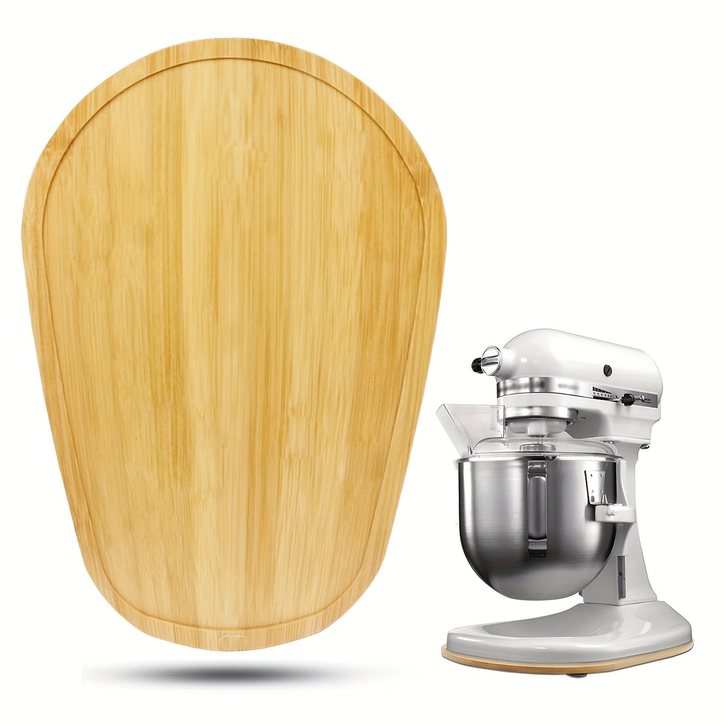 The Bamboo Mixer Moving Pad is designed to fit 5-8 Quart Stand Mixers, made from natural bamboo with no paint or smell. It is durable, resists mold and cracking, and easy to use. This countertop mixer storage and mobility accessory is a great addition to