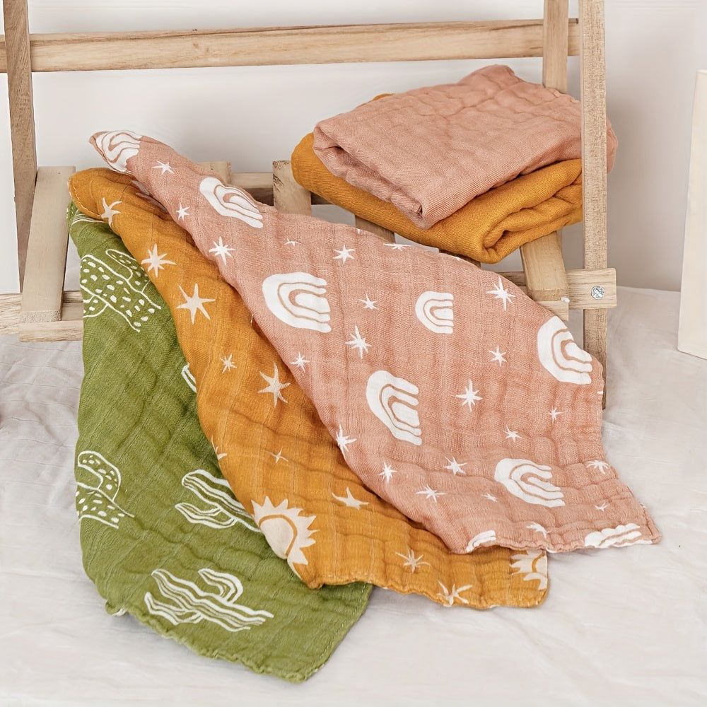 Set of 5 Bamboo Muslin Square Towels, 4 Layers of Soft Bath Towels, Featuring Cute Prints and Solid Colors - Perfect for Burp Cloths