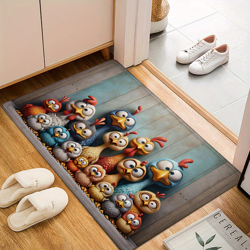 Chicken Family Big-eye Design Rug, 1.2cm Thick Sponge, Non-Slip, Stain & Water-Resistant, Machine Washable 100% Polyester Indoor Door Mat for Bedroom, Bathroom, Kitchen, Hallway, Laundry Room