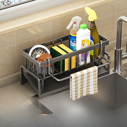 The Space-Saving Kitchen Sink Organizer with Rag Holder is Ideal for Storing Sponges, Soap, Brushes, and Towels