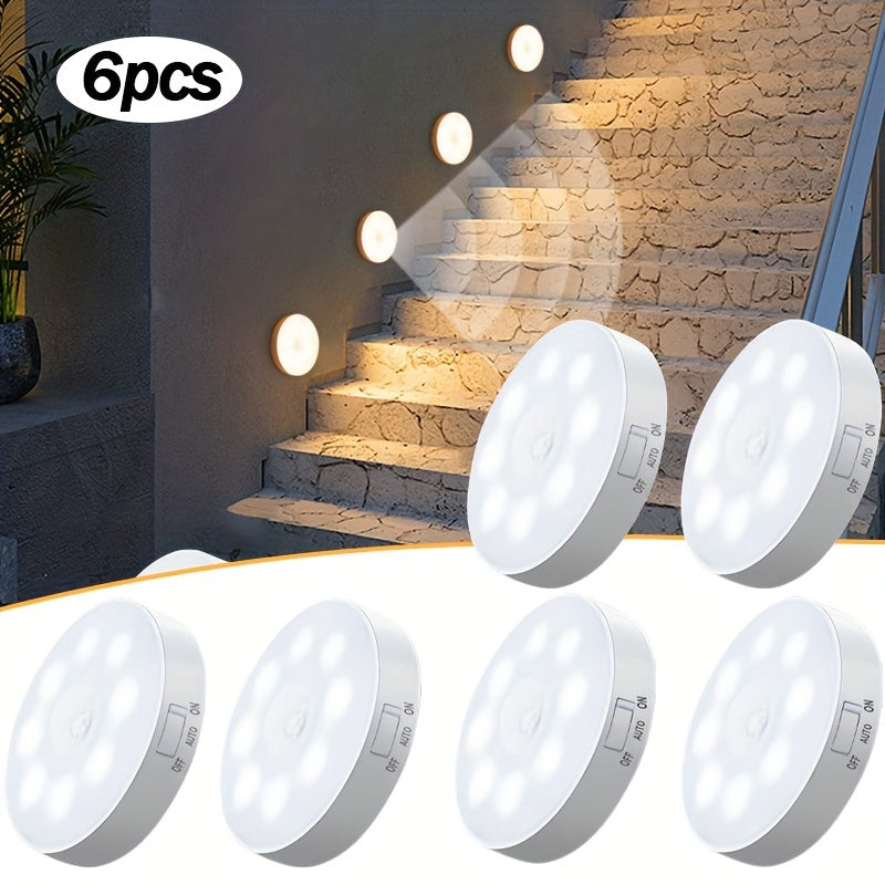 AMill 6-Pack LED Step Lights with Dual Smart Sensor - Motion and Light Activated, Polished Plastic Sconce with PVC Shade, Rechargeable 250mAh Lithium Battery, Wireless, Semi-Flush Mount, Indoor Night Light for Stairs, Bedroom, Cabinet.