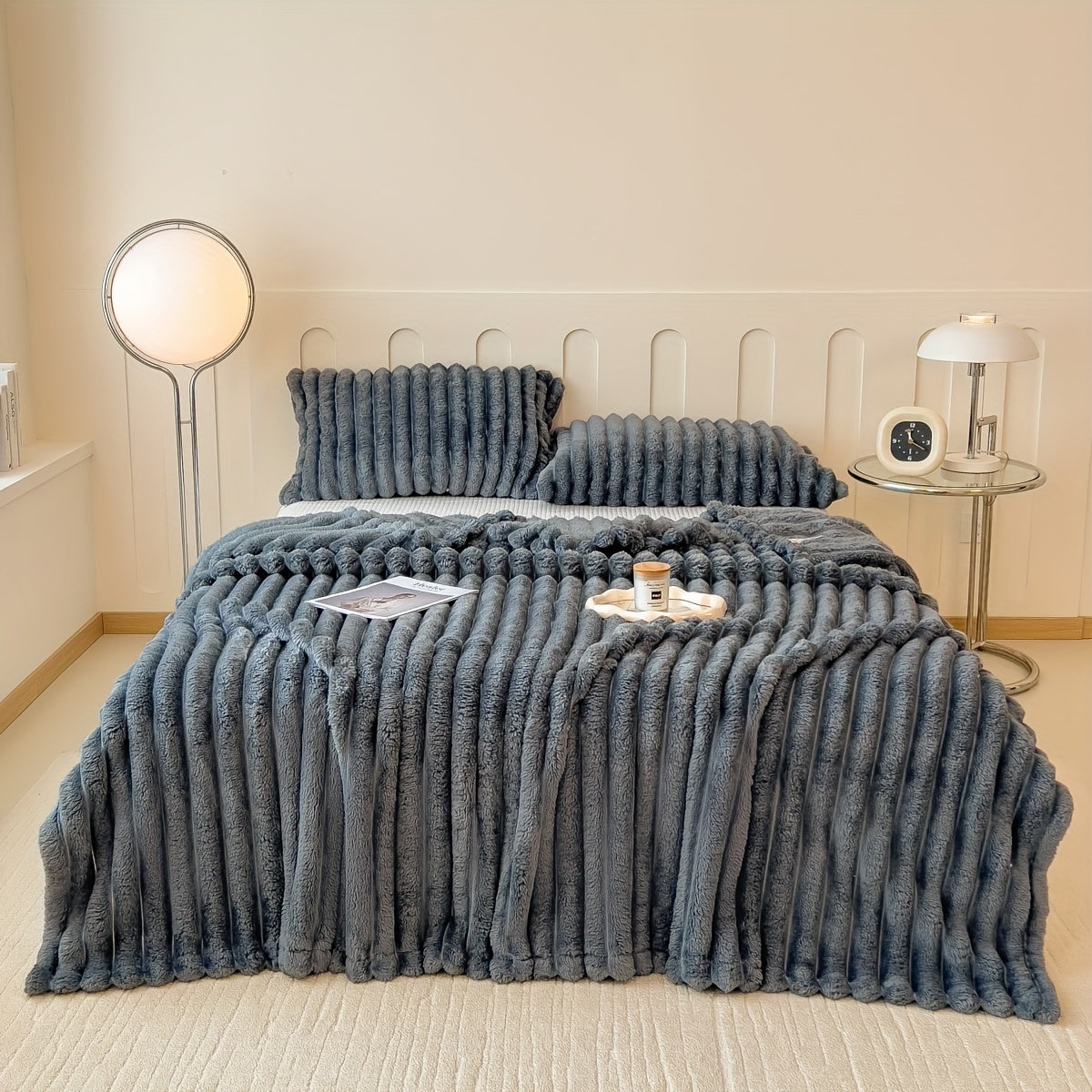 Cozy Contemporary Striped Plush Blanket made with Thickened Polyester Knit Fabric, Perfect for All Seasons. Can be used as a Bedspread, Nap Blanket, or even as a Pet Blanket. Weighs 250-300gsm.