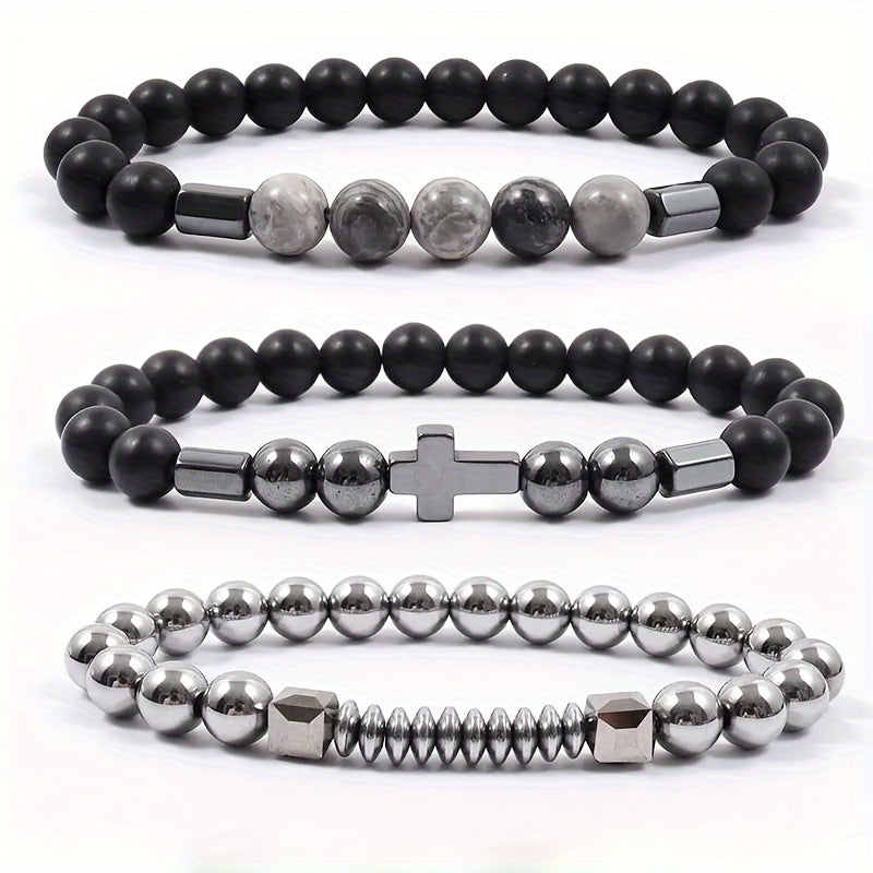 Matte Beaded Bracelet Set with Stone Cross Pendants - Stylish and Versatile Jewelry Gift