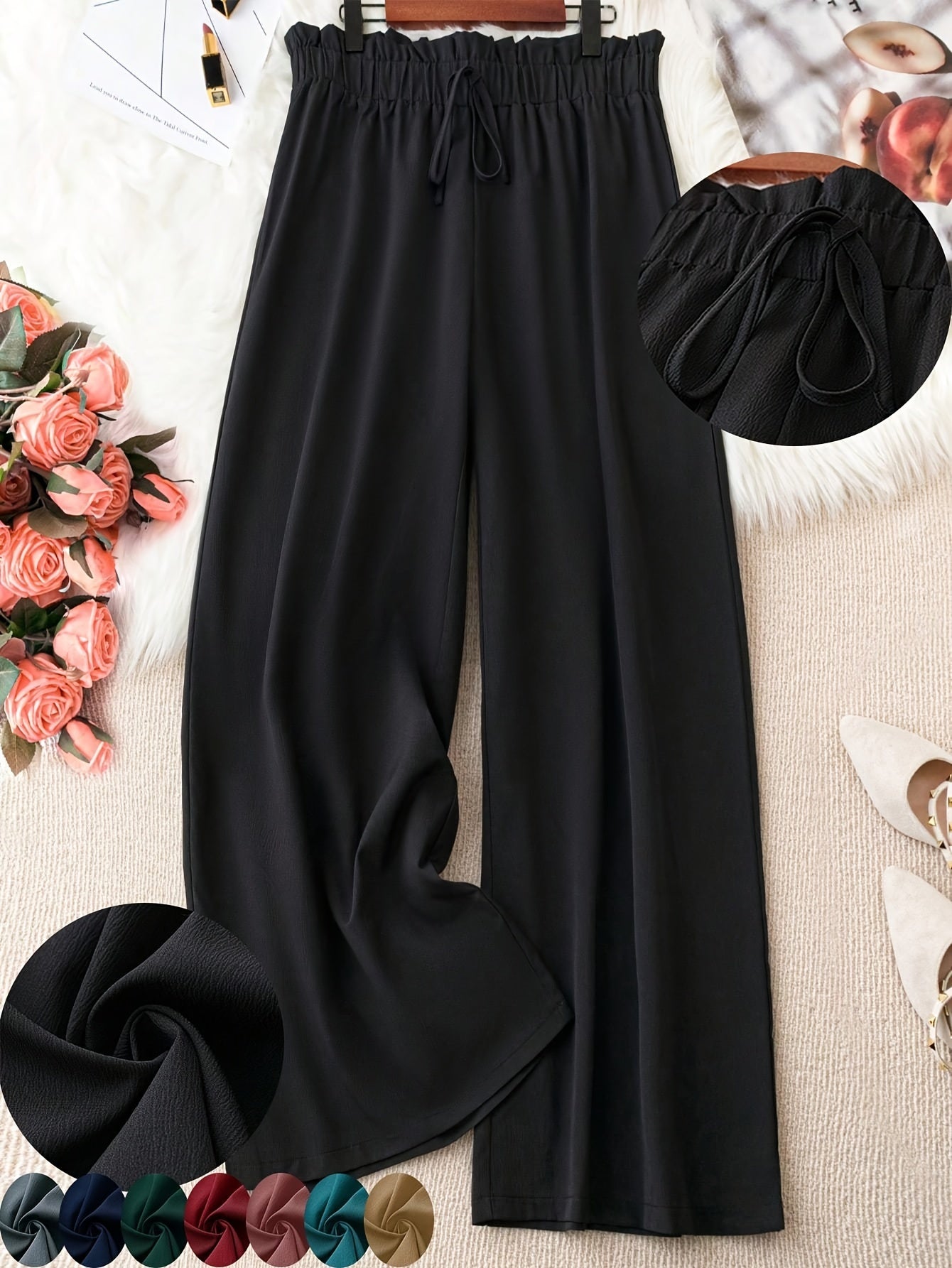 Plus Size Wide Leg Pants with Elastic Waist, Perfect for Spring and Fall.