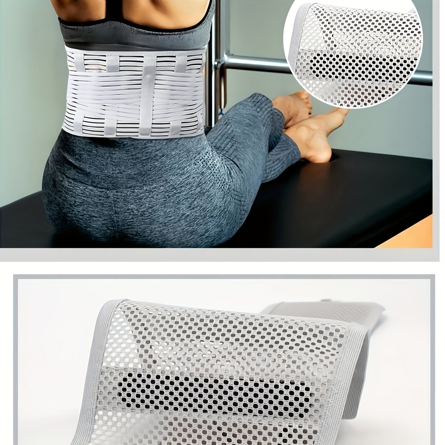 Gray Compression Waist Support Belt with 5 reinforced support plates, breathable mesh back support, elastic compression for lower back protection and waist care during various activities.