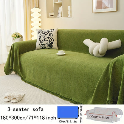 Contemporary chenille sofa throw, waterproof baby fleece cover, universal fit for all-season use. Features tassel embellishment and is machine washable. Made of 100% polyester, suitable for various furniture sizes in different rooms.