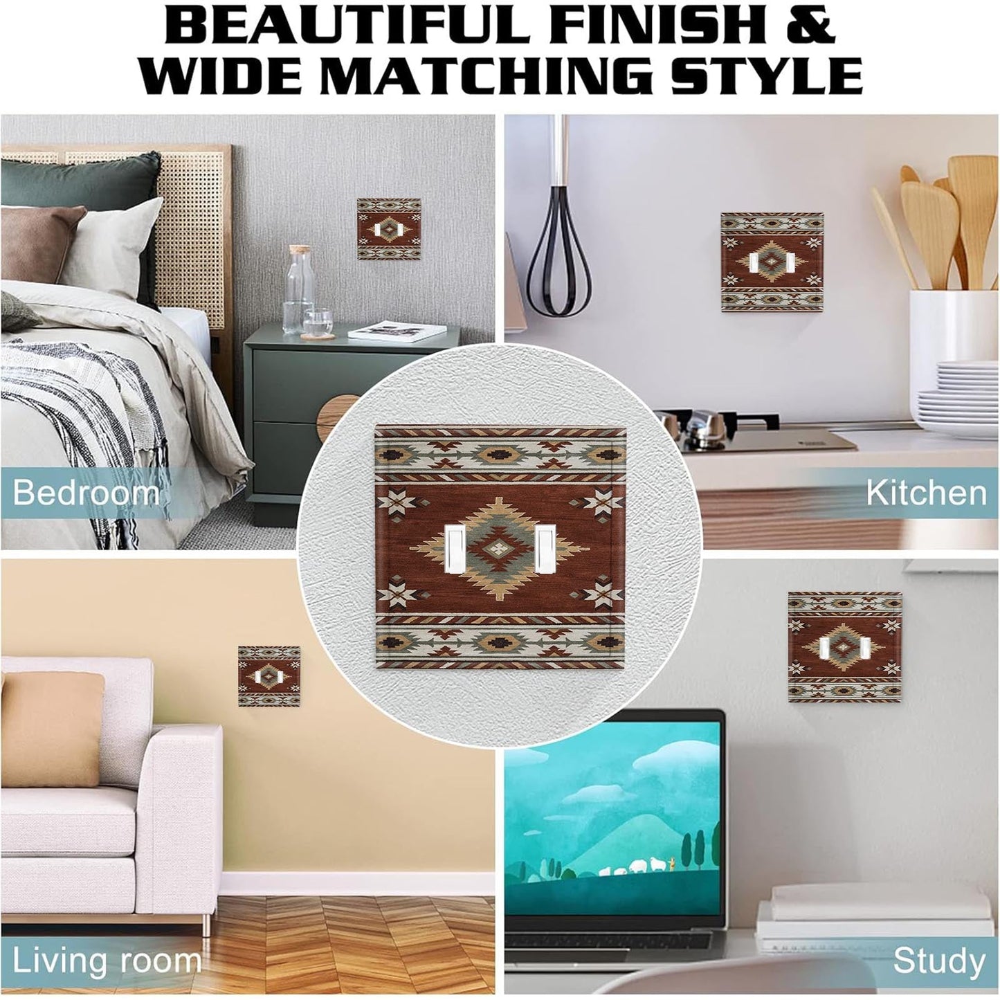 Enhance Your Bedroom Decor with a Rustic Tribal-inspired Wall Switch Panel Cover, Available in 1Gang or 2Gang - Made from Durable Polycarbonate for Long-lasting Use. Featuring Southwestern Patterns in Brown, Beige, and White, This Bedroom Decor Accessory