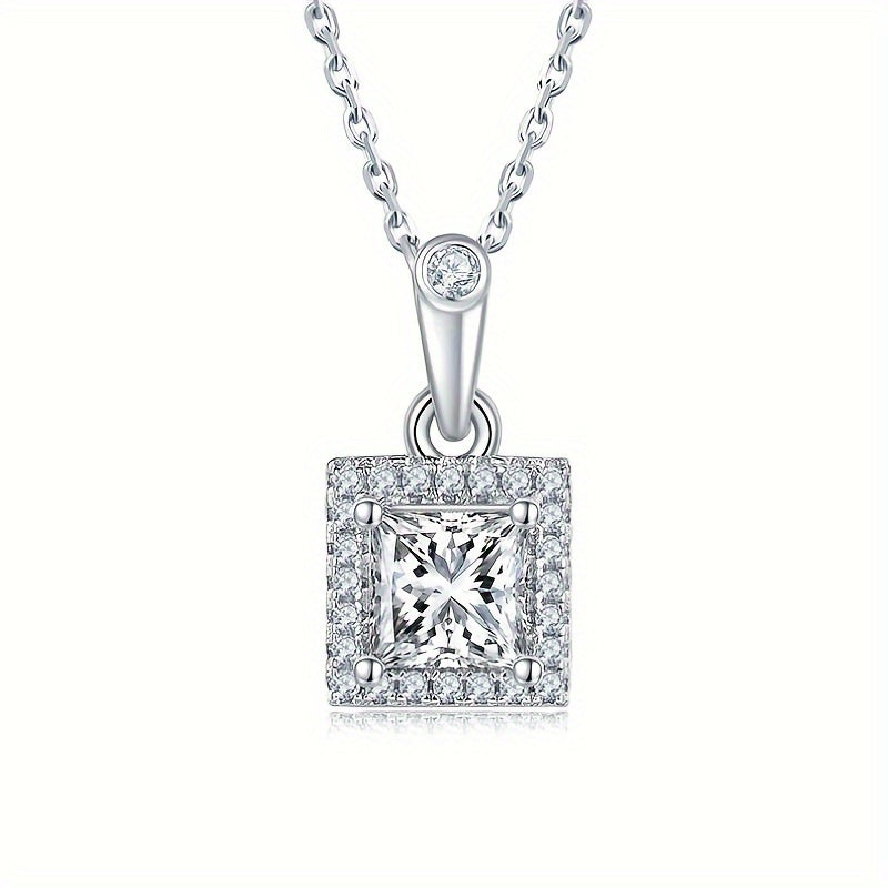 Elegant Square S925 Silver-Plated White Gold Moissanite Pendant Necklace and Earring Set, Stylish Accents for Parties, Vacation Beach Wear, Thoughtful Gift for Her, Unisex Present, Perfect for Everyday Outfits