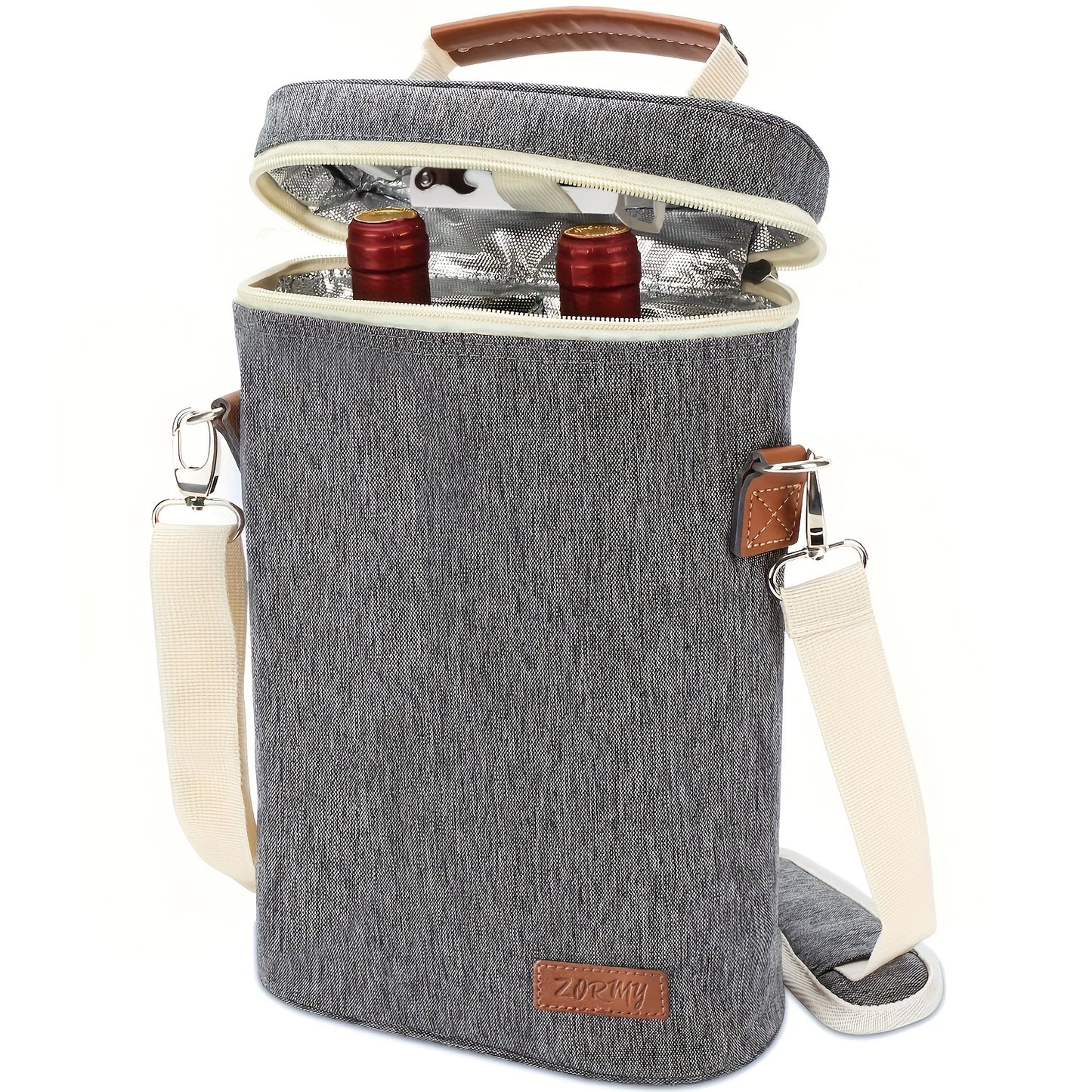 2 insulated wine tote bags with shoulder straps and corkscrew, great for wine lovers on picnics and outdoor activities.