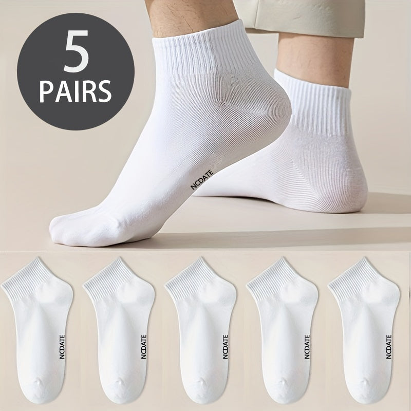 5 pairs of men's short crew socks for casual or sports use outdoors.