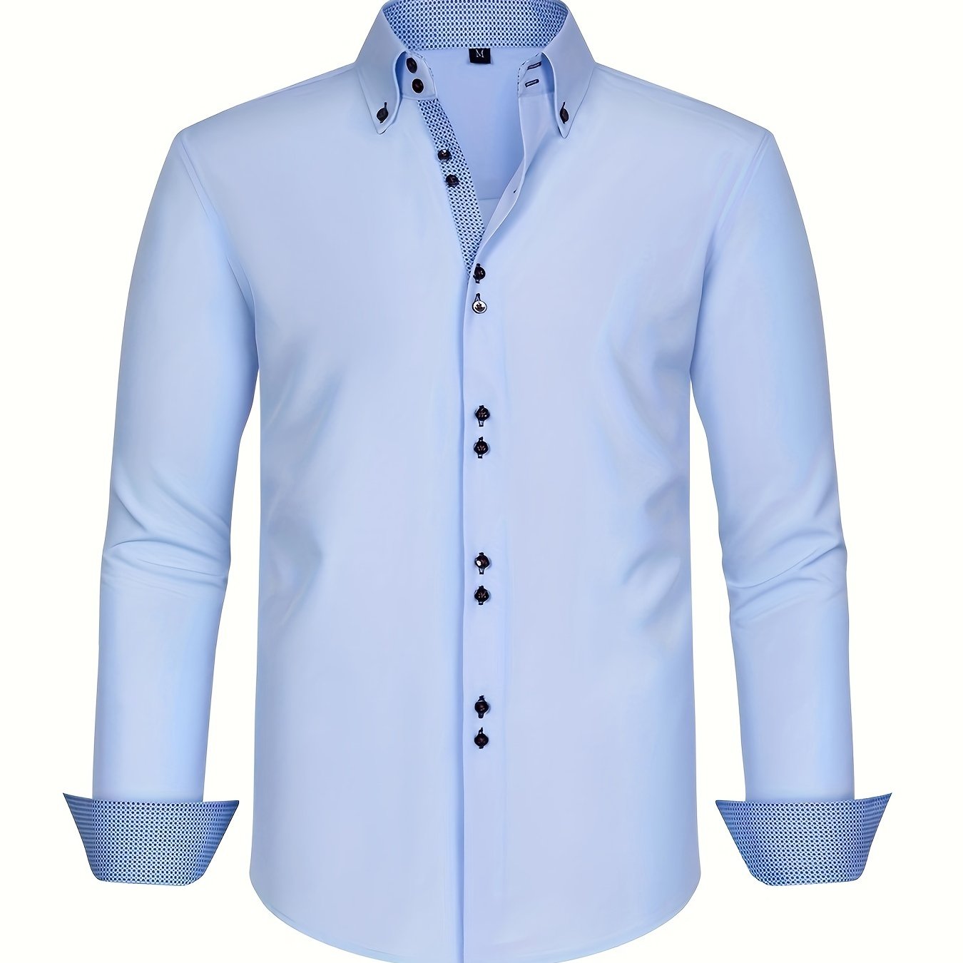 Sophisticated light blue men's dress shirt for formal occasions in spring and autumn, with double-breasted style and stretch for comfort. Made from a breathable polyester blend with a