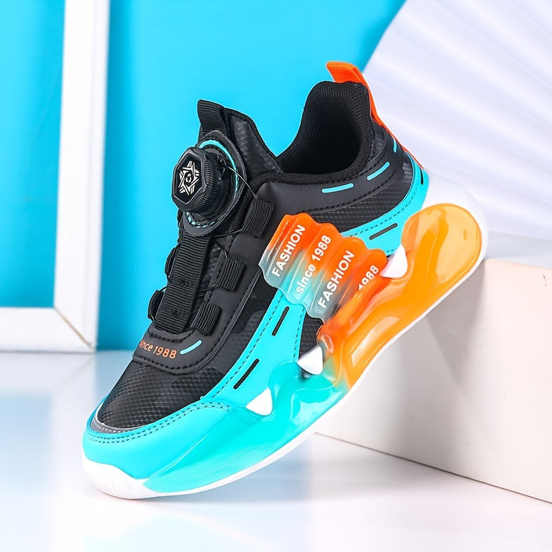 Stylish solid color boys' basketball sneakers with rotating buckle, breathable lining, and EVA sole for running and sports.