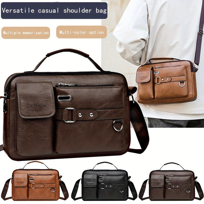 Men's stylish briefcase with large capacity, adjustable shoulder strap, zipper closure, and lightweight durability for daily commute in black, brown, dark brown, and light brown.