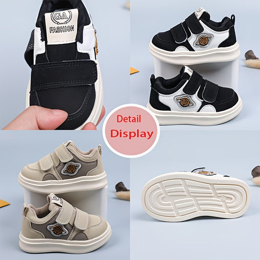 Retro casual sneakers for kids with hook-and-loop closure, breathable PU upper, and rubber sole for comfortable walking.