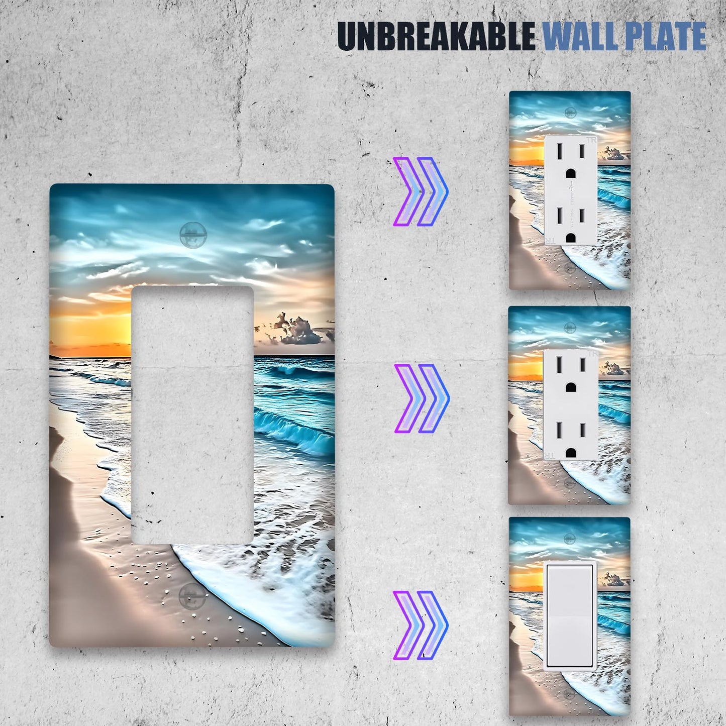 Coastal sunset beach scene switch plate for easy, dust-proof installation in 1 or 2-hole switches, perfect for bathroom and bedroom decor.