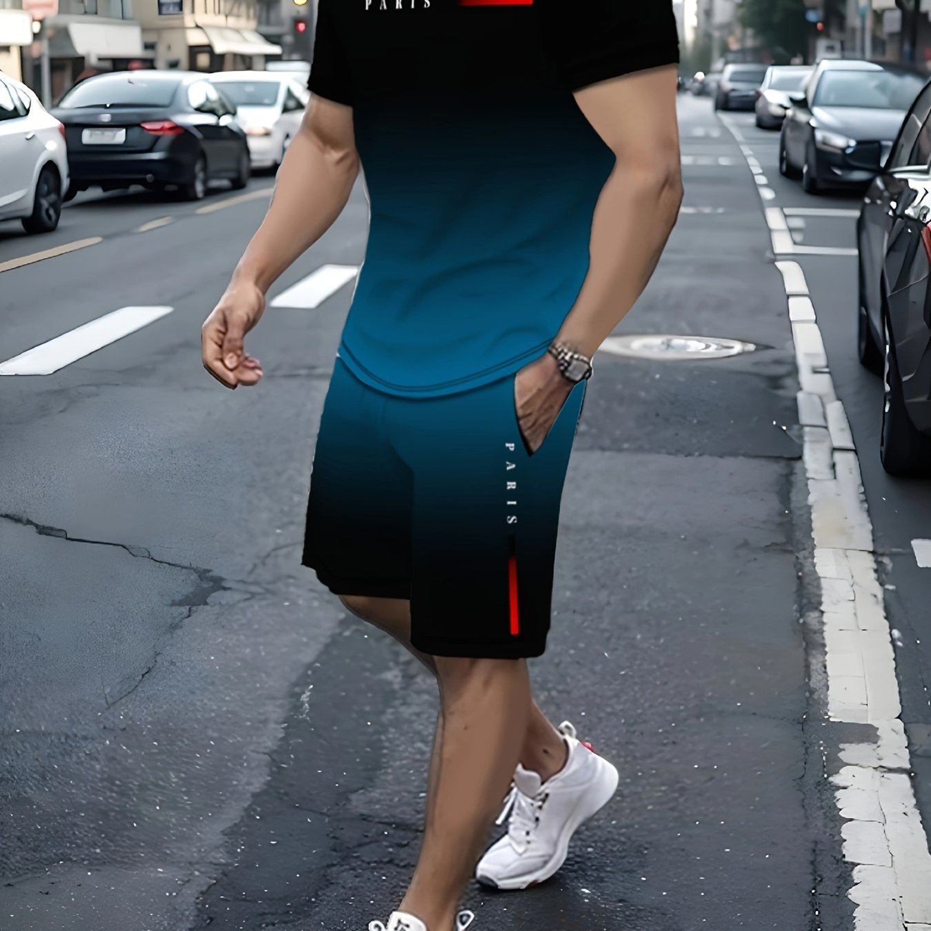 Men's polyester t-shirt and shorts set with PARIS letter print and slight stretch knit fabric, suitable for all-season wear in the Middle East. Ideal for summer workouts and vacations.