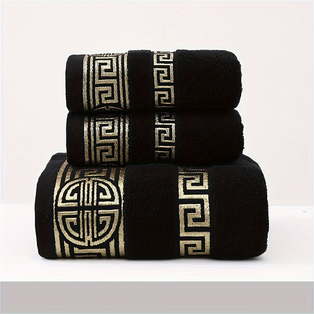 Velvet towel set includes 1 bath towel and 2 hand towels in gsm450, Regular thickness, Pure cotton with geometric pattern. High absorbency and softness in dark colors including black, purple, blue, coffee, and white. Suitable for bathroom, travel