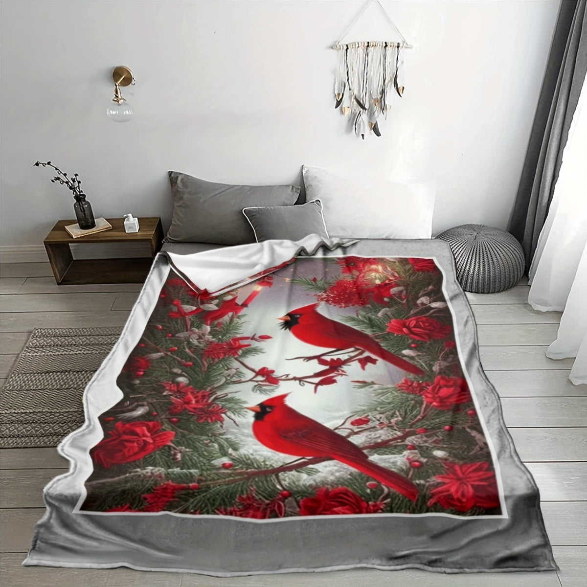 Modern Cardinal Patterned Flannel Throw Blanket - Can be used on both sides, suitable for all seasons, durable, made of woven polyester, versatile animal design, colorful - Made of 100% polyester.