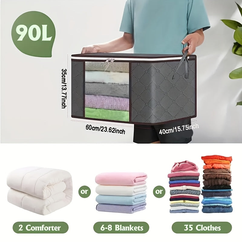 Six pieces of extra large storage bags that are durable and foldable clothes organizers for bedding, blankets, pillows, and toys. Made from thick polypropylene fabric, these bags come with zippers and lids, reinforced handles for easy carrying, and