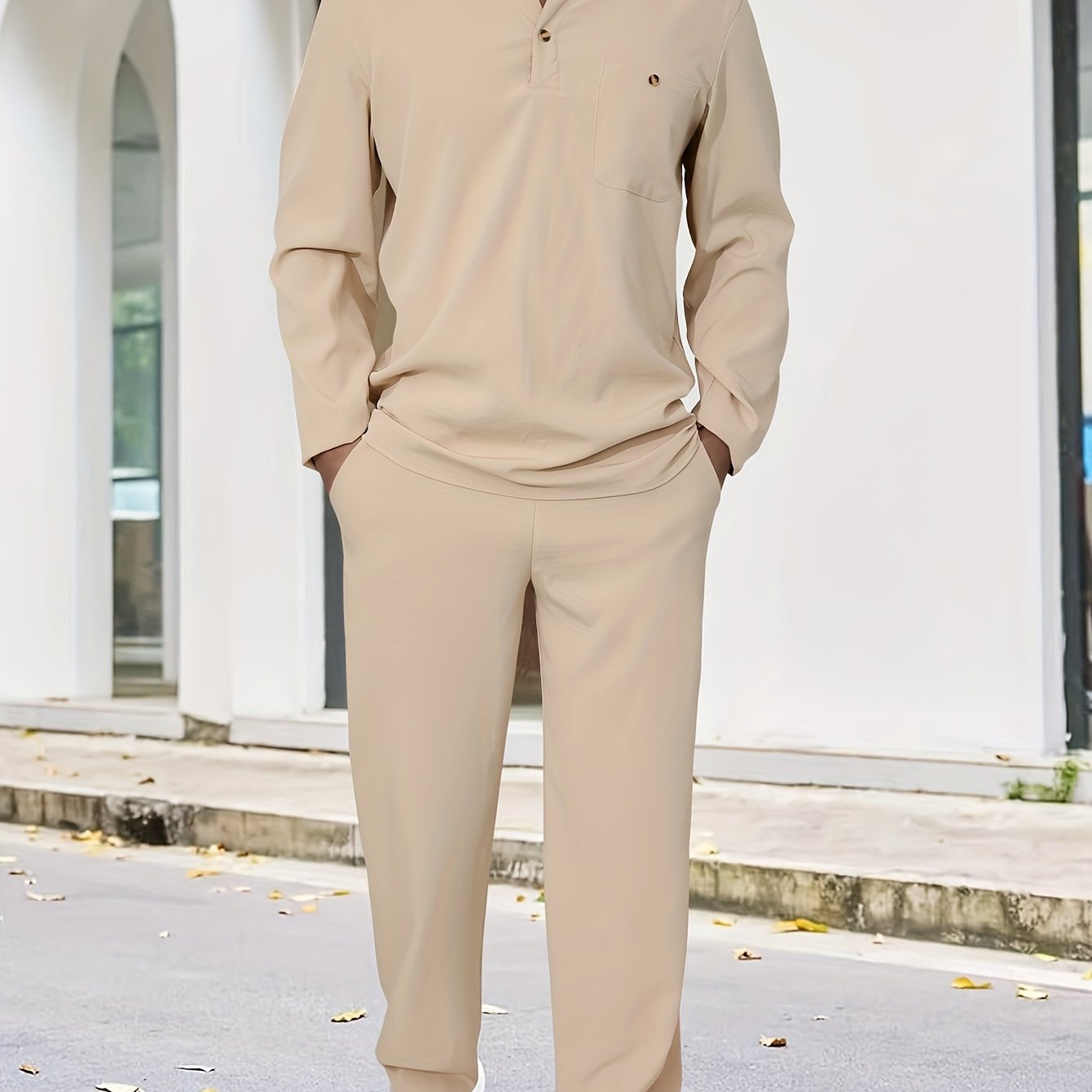 Men's Casual Polyester Sweatsuits with Collared Neck, Solid Color, Slight Stretch Fabric, Pocket Detail - Spring/Fall Woven Lash Sets with Regular Fit Long Sleeve Shirt and Drawstring Pants