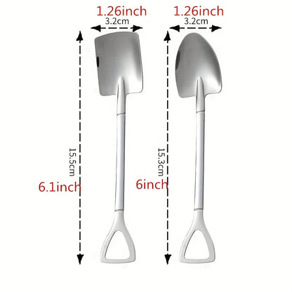 Set of 4 adorable stainless steel shovel spoons for dessert and fruit scooping in the home.