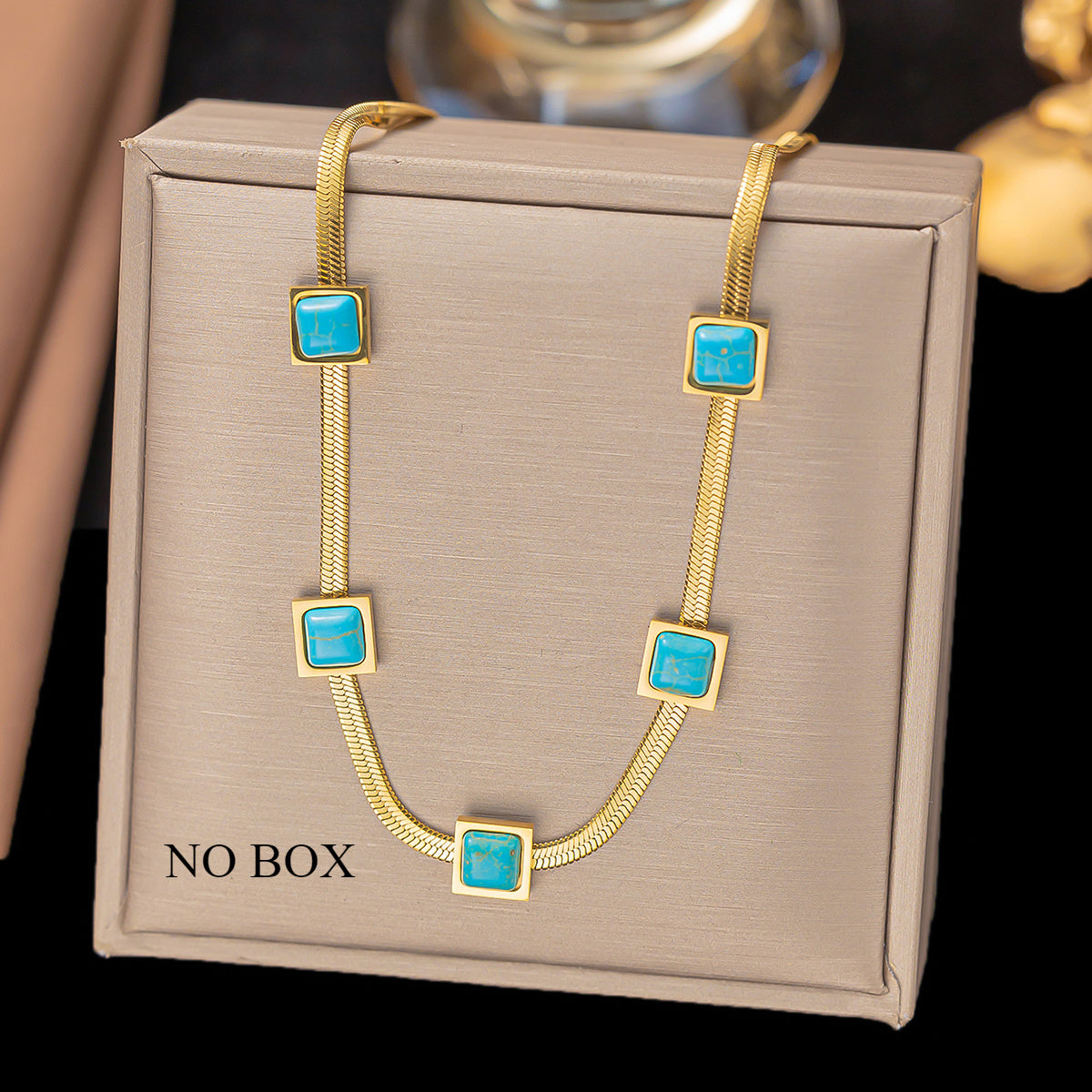 Stylish 18K Gold Plated Square Pendant Necklace with Synthetic Turquoise, Stainless Steel - Ideal Gift for Loved Ones - Versatile Piece for Daily Wear, Street Style, Parties, and Ramadan Celebrations - Suitable for All Seasons