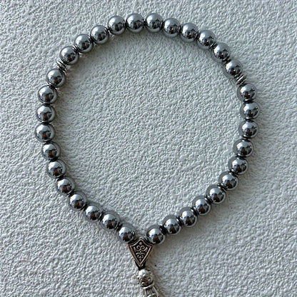 Vintage Ethnic Style Tree Leaf Spike with 33 8mm Hematite Beads, Muslim Prayer Beads Middle Eastern Prayer Beads. Natural stone may contain iron and have imperfections on the surface.