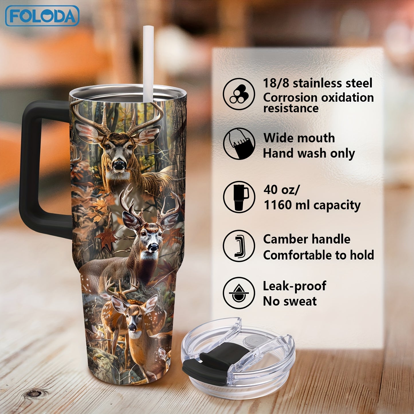 40oz Foloda Stainless Steel Insulated Tumbler with Hunting Theme, perfect for men on the go. Great gift for holidays or special occasions. Hand wash only. Ideal for running and outdoors.