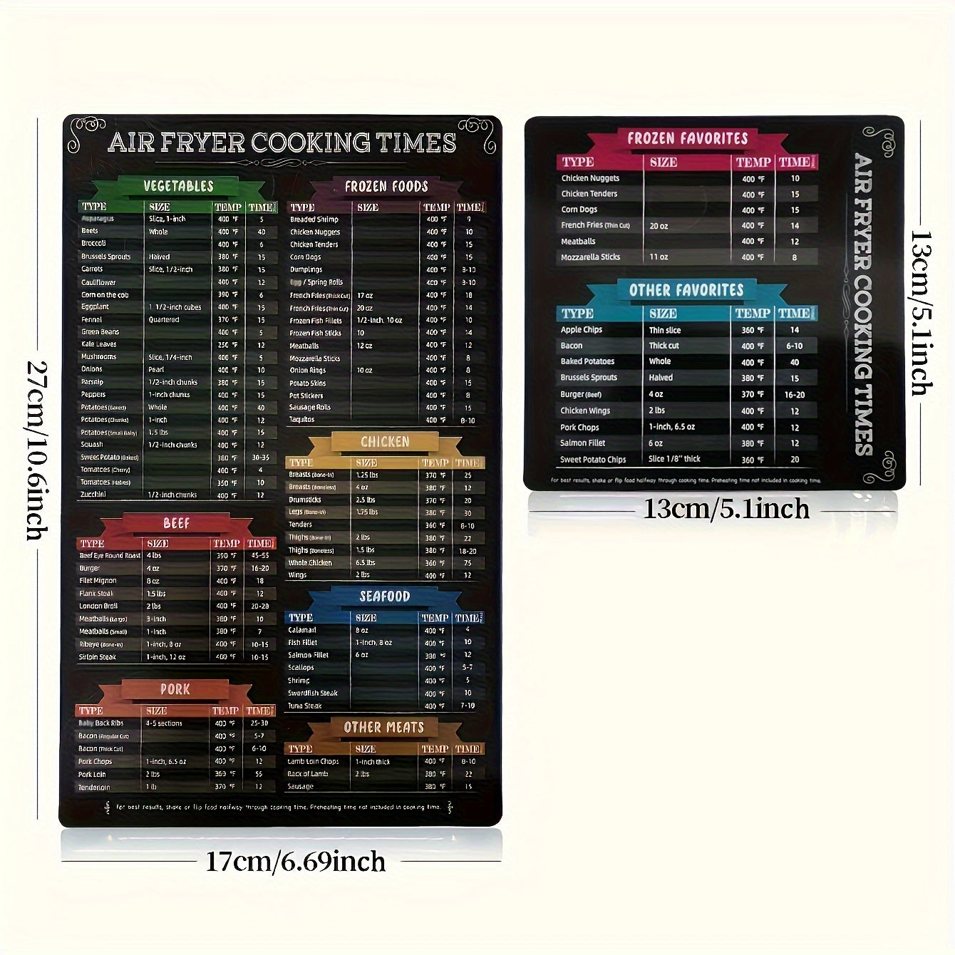 Two pieces of black magnetic air fryer cheat sheets offering cooking times guide for popular foods. Requires no power, making it perfect for kitchen and dining use.