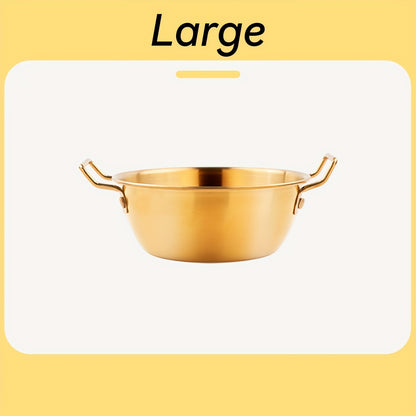 Durable stainless steel bowl with handles for versatile use, ideal for Asian cuisine.