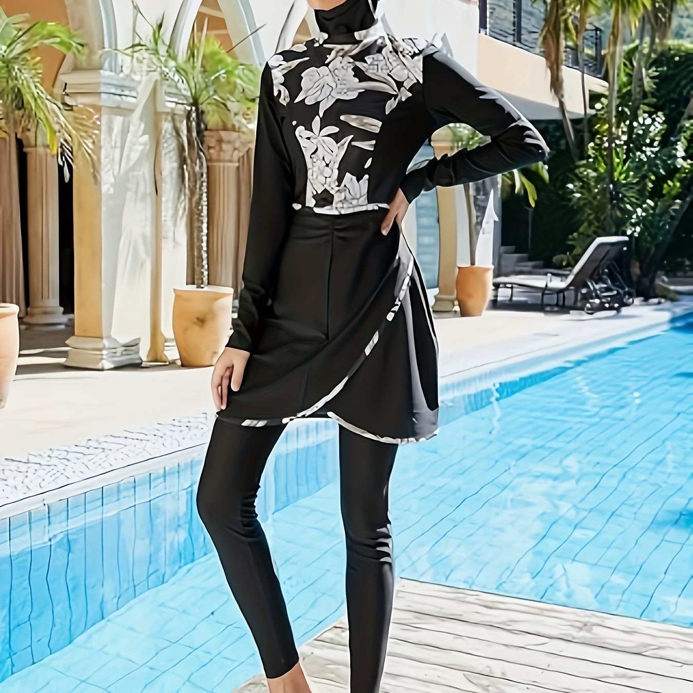 Muslim three-piece swimsuit with full coverage sunscreen print, ideal for diving and conservative beachwear.