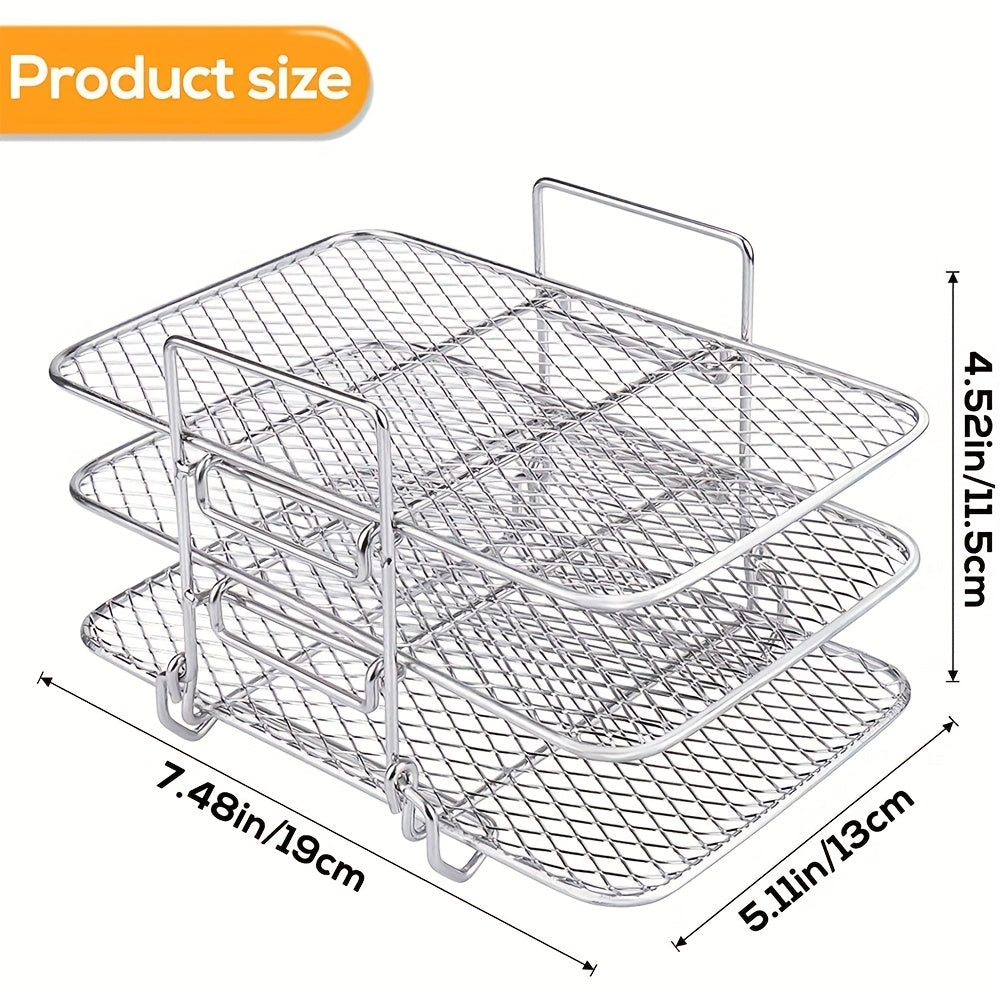 A versatile cooking rack made of durable stainless steel that can be used for frying, air frying, grilling, charcoal stove cooking, outdoor barbecuing, and more. This rack comes with feet for easy placement and can be used in a home multi-layer oven for