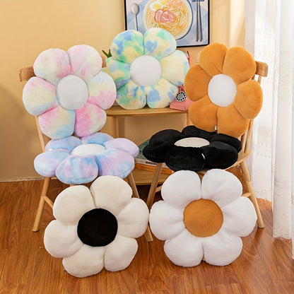 Flower-shaped plush pillow in pastel tie-dye, hypoallergenic, ideal for home decor and gifts. Dry clean only.