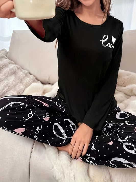 Women's Casual Alphabet Print Long Sleeve Pajama Set, made of 95% Polyester and 5% Elastane Knit Fabric. Features a Crew Neck with Braid Detail, perfect for Spring/Fall Sleepwear.