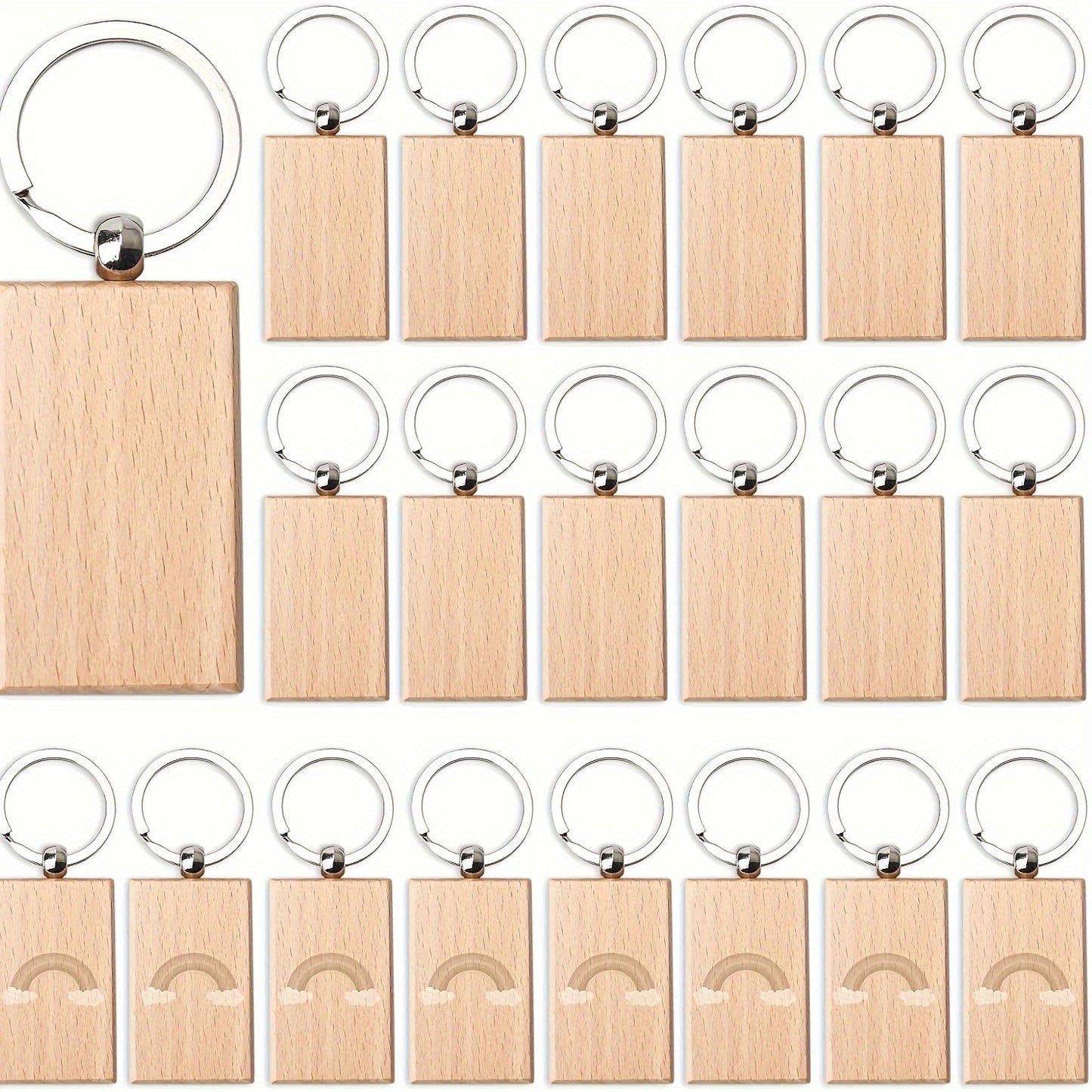 Twenty pieces of wooden key chain blanks, rectangular in shape, suitable for key chains. These wood blanks can be engraved and used for making jewelry and other craft projects.