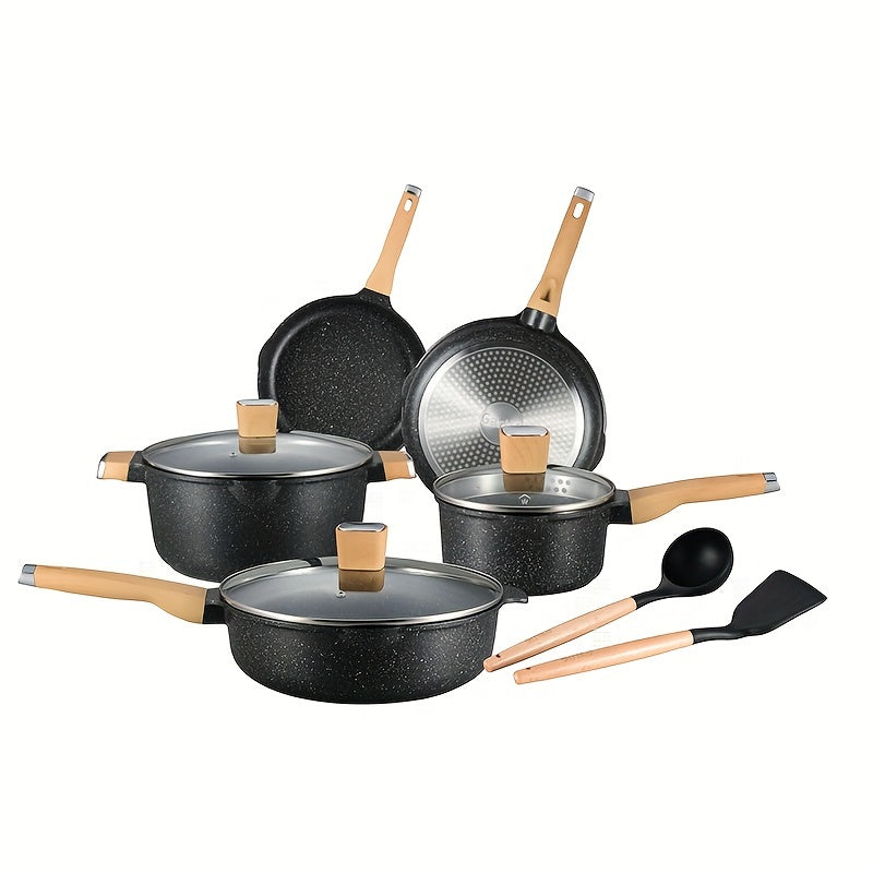 Nonstick Cookware Set includes 10 pieces of aluminum kitchen pots and pans, as well as a frying pan, casserole, saucepan, lids, and utensils. This set is compatible with all stovetops.