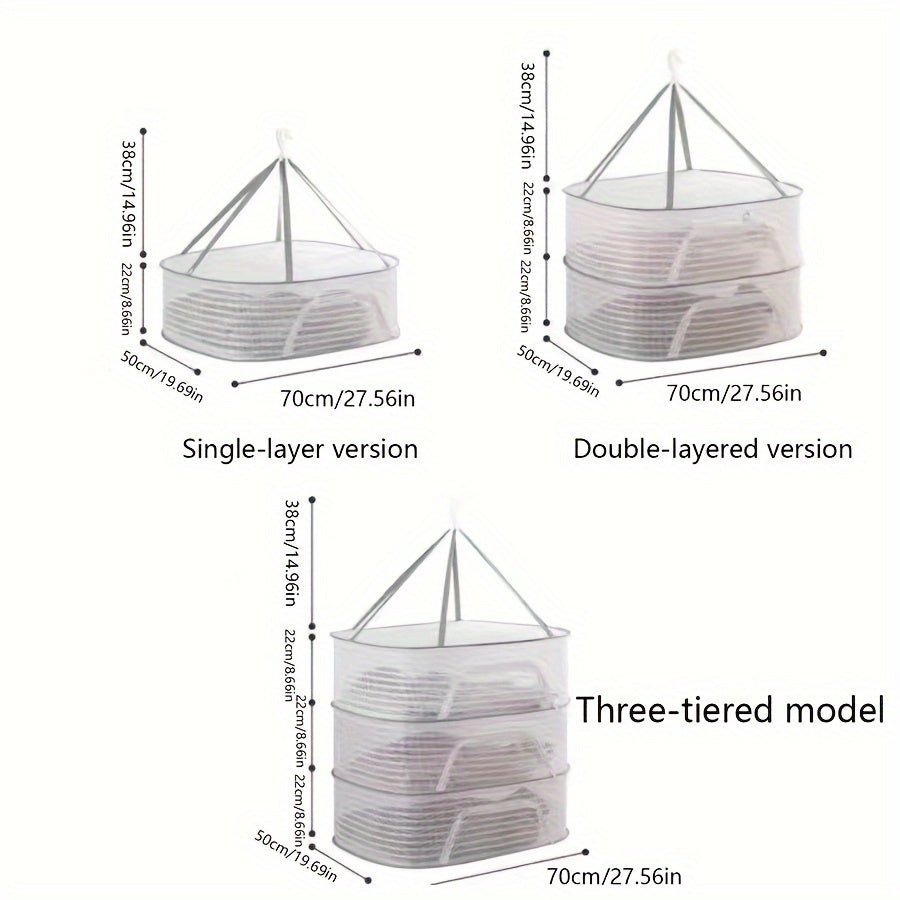 3-Tier Foldable Mesh Drying Rack with Zipper - Multi-functional Hanging Dryer for Laundry, Fish, and More - No Electricity Required, Ideal for Balcony, Clothing Drying, and Organization purposes.