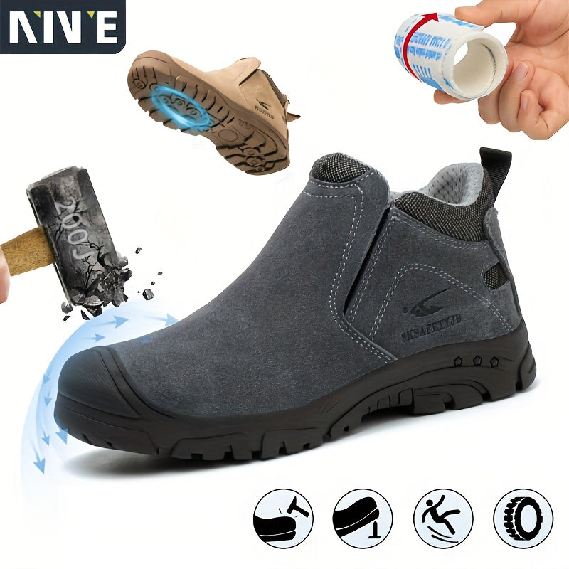 Durable steel toe safety shoes with split cow leather upper, non-slip rubber sole, and shock-absorbing features for industrial work.