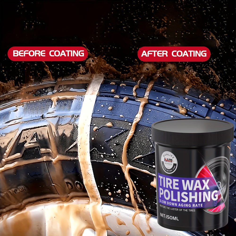 150ml Black Tire Wax Polish for long-lasting shine and protection for rubber, plastic, and car wheels. Contains applicator sponge.