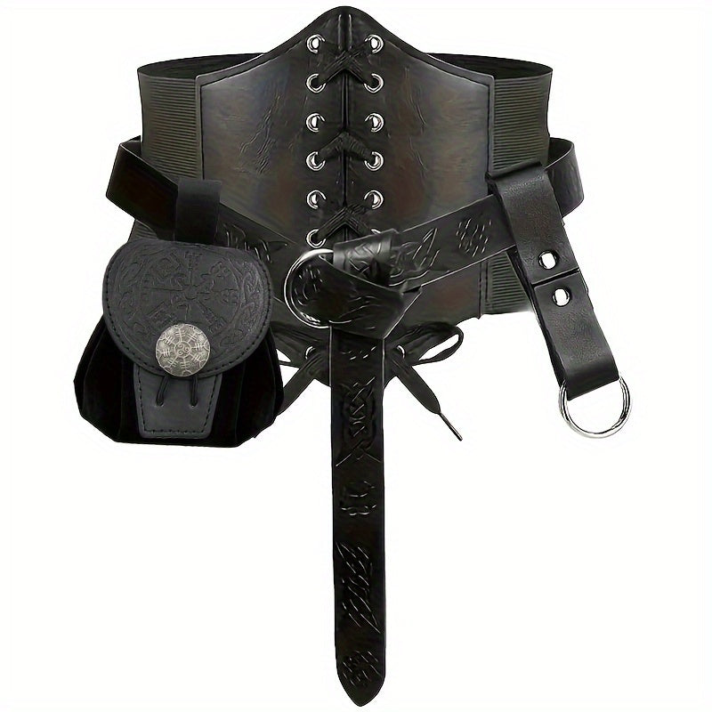 Medieval Renaissance Viking Dress Up Set with Steampunk PU Leather Waist Guard, Belt, Drawstring Pouch, and Clip. Perfect for Halloween Cosplay, LARP Parties, Stage Performances, and Costume Photo Props.