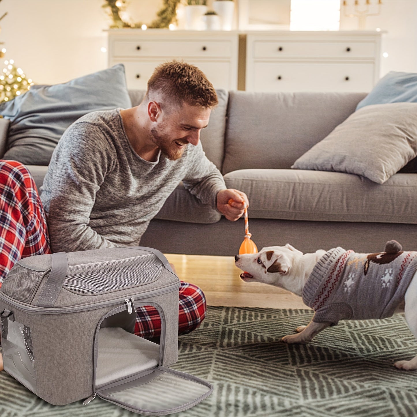 Durable polyester pet carrier bag in cozy gray, ideal for dogs and cats with zipper closure.