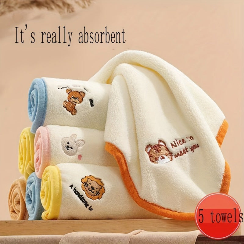 Soft square towels with embroidered animal design, made of coral fleece and woven polyester, perfect for bathroom and home use.