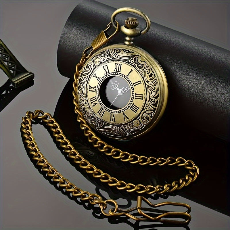 Stylish Vintage Men's Pocket Watch with Black Dial and Golden-Tone Chain - Elegant Roman Numerals, Quartz Movement, Non-Waterproof, Alloy Case - Perfect Gift for Couples on Birthdays or Holidays