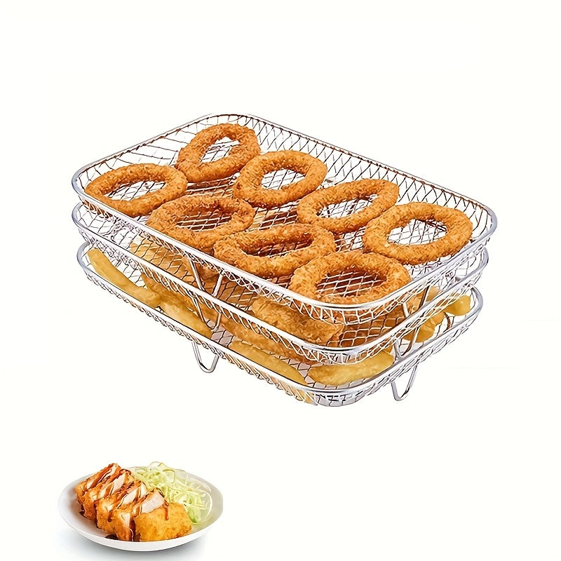 Stainless Steel 3-Piece Layered Rectangle Dehydrator Racks for Ninja Dual Air Fryer - Includes Grilling Rack, Air Fryer Rack, and Basket Tray with Clip and Heighten Feet Pad - Compatible with Double Basket Air Fryers