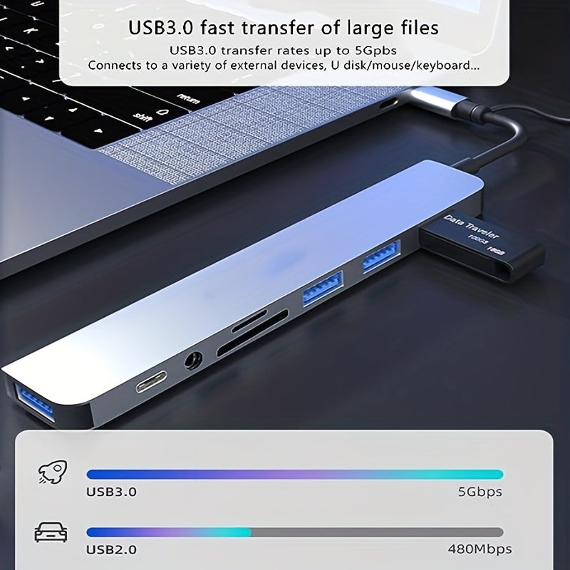 Multi-functional USB C hub with various ports for MacBook Pro/Air and USB C laptops.